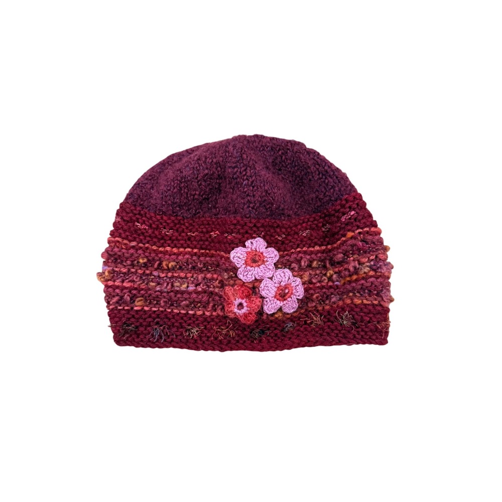 Burgundy Knit Beanie Hat Crochet Flower Applique Fleece Lined Plum Magenta